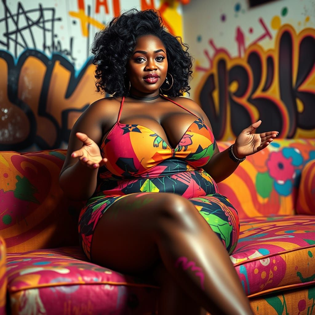 Confident Curvy Woman Dominates Disco-Themed Setting