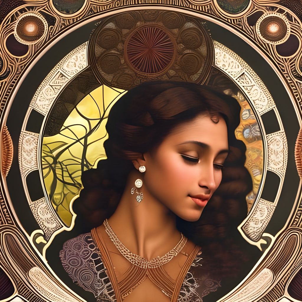 Girl with Brown Flowers in Art Nouveau Style