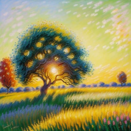 Impressionistic Acacia Tree Oil Painting in Golden Light