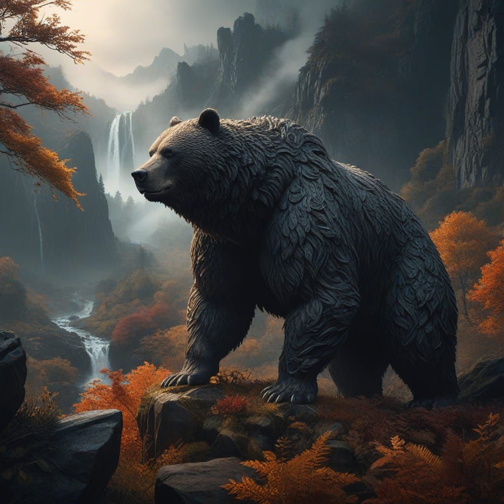 Ancient Obsidian Bear Guards Autumn Valley in Digital Matte ...