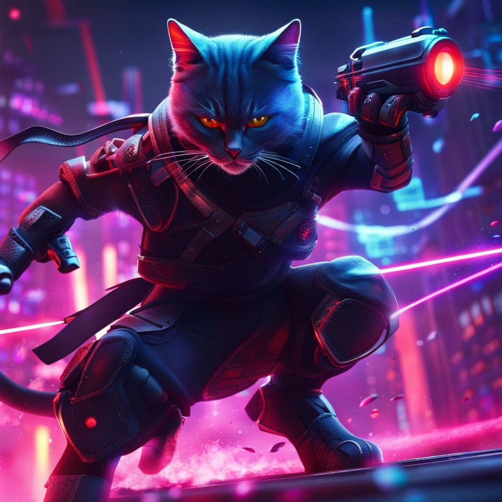 Futuristic Cat Ninja Battle in Detailed Matte Painting