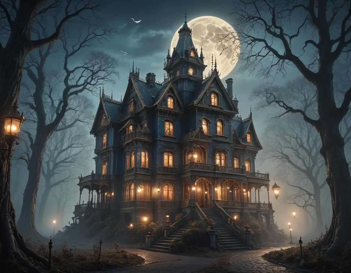Ornate Gothic Mansion in Misty Moonlight Forest