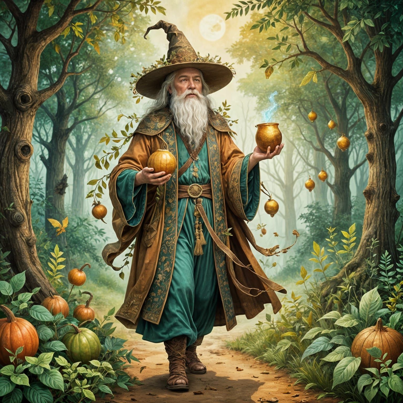 Enchanted Folk Art Wizard in Whimsical Landscape
