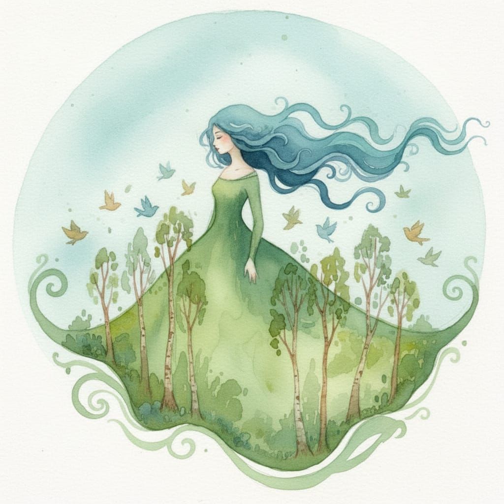 Ethereal Woman Merges with Nature in Watercolor Style