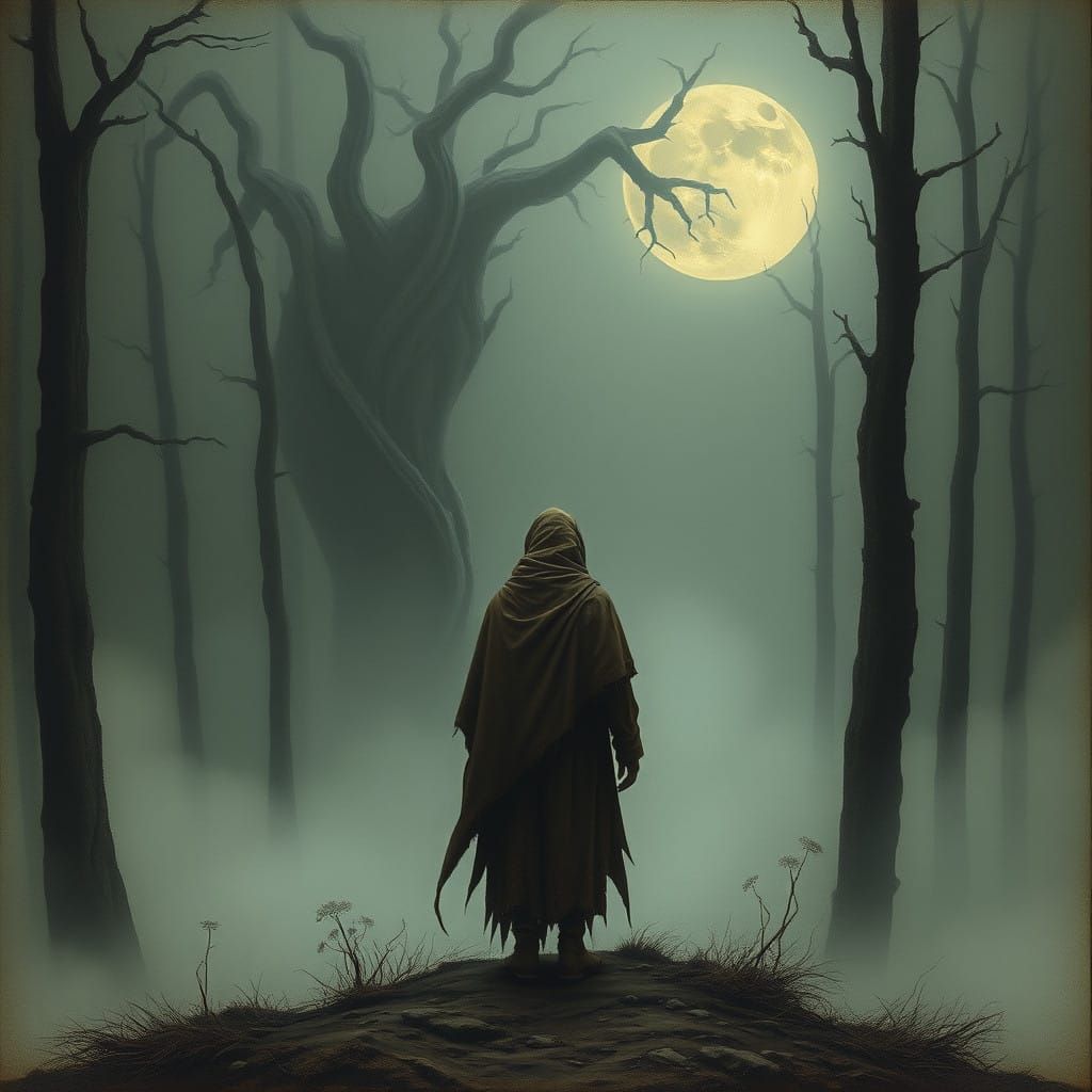 Mysterious Figure Stands Resolute in Dark, Misty Forest