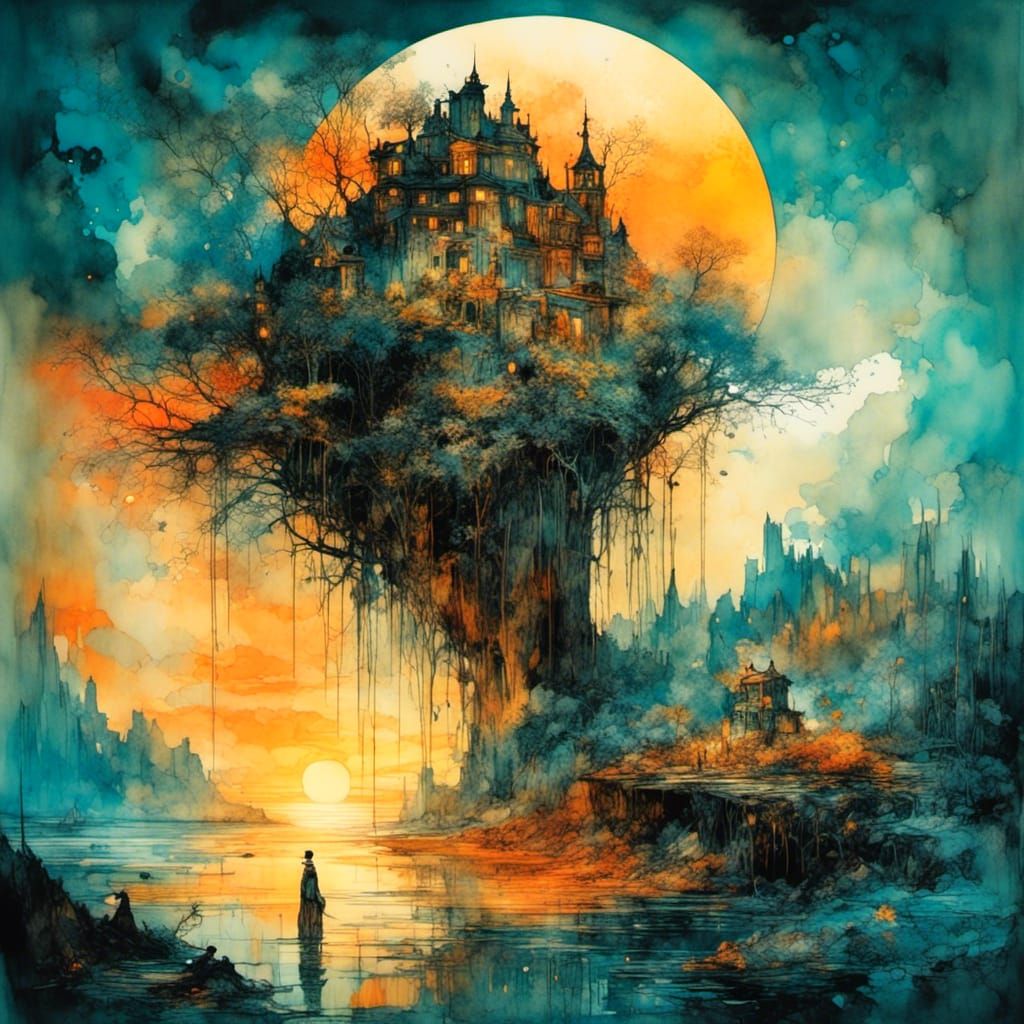 Vibrant Neon Fantasyscape Sunset in Watercolor Style