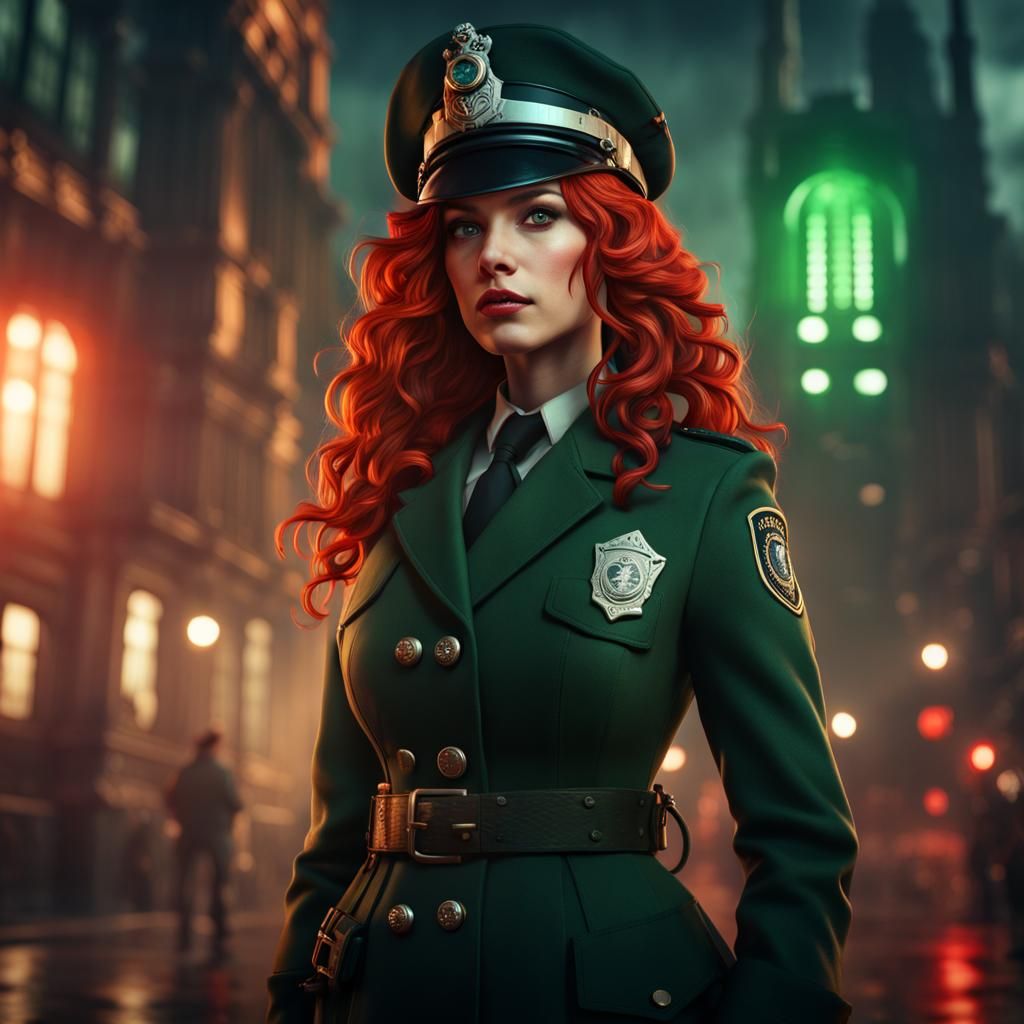 Steampunk Redhead Police Officer with Dog