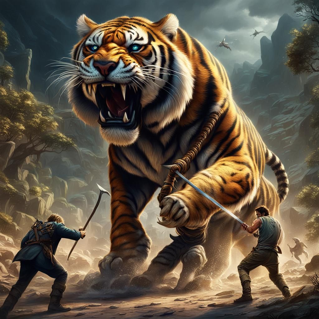 Saber-Tooth Tiger Attack in Detailed Matte Painting