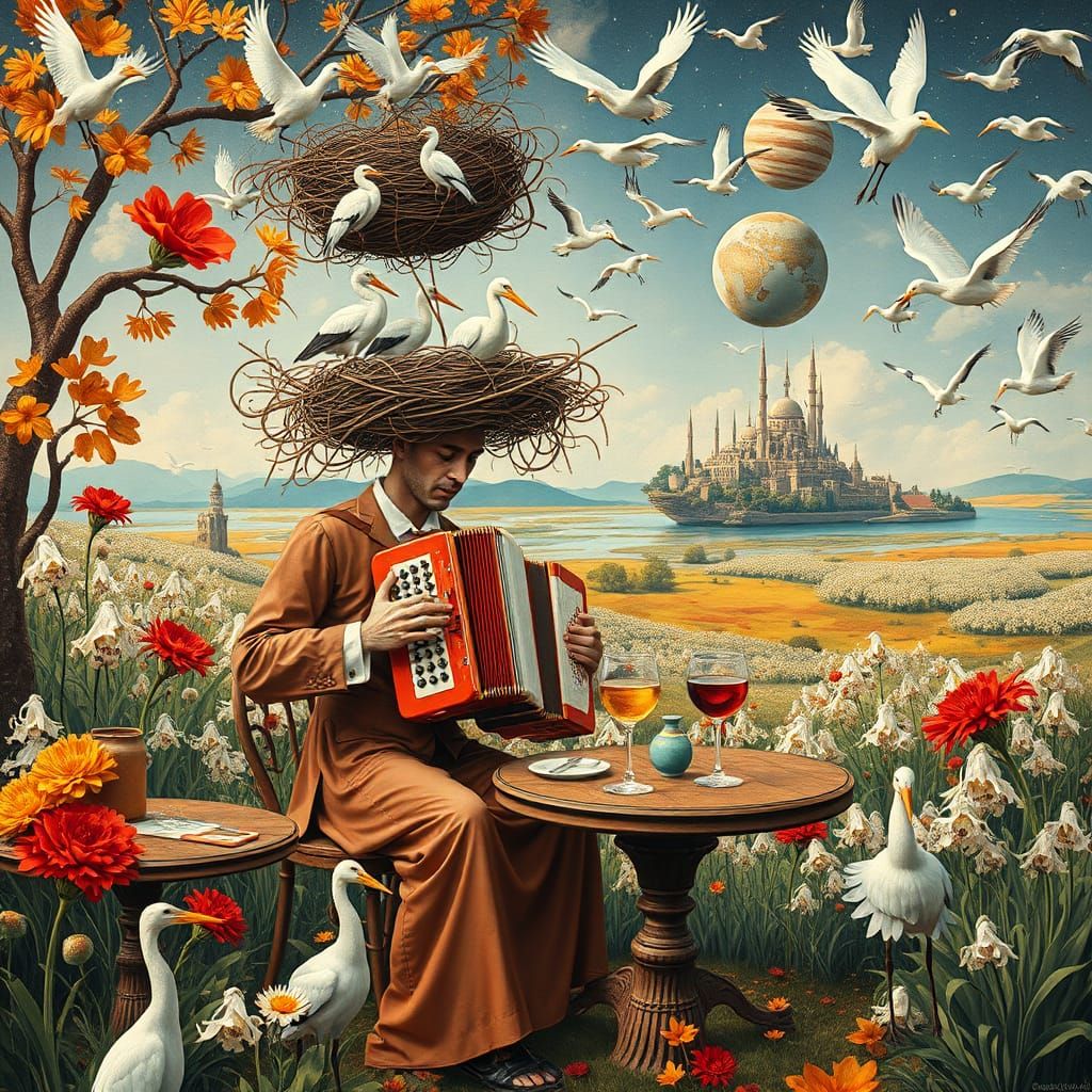 Surreal Accordionist at Galaxy's End, Whimsical Utopia