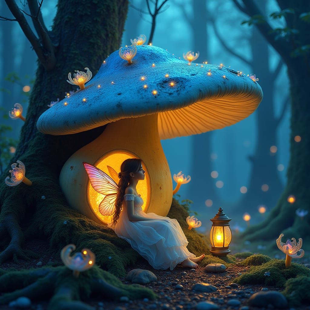 Enchanted Bioluminescent Fairy in Mushroom House