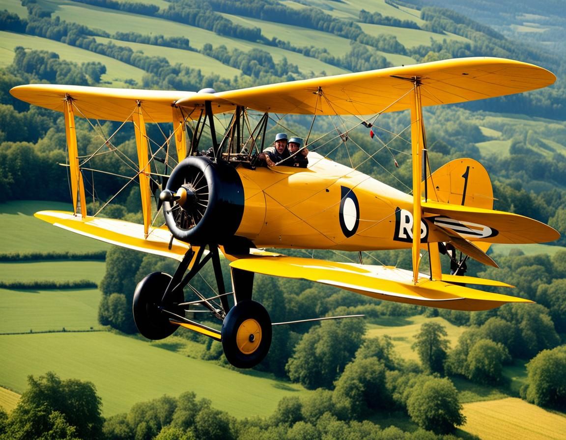 Vintage Yellow Biplane Soars Above French Countryside