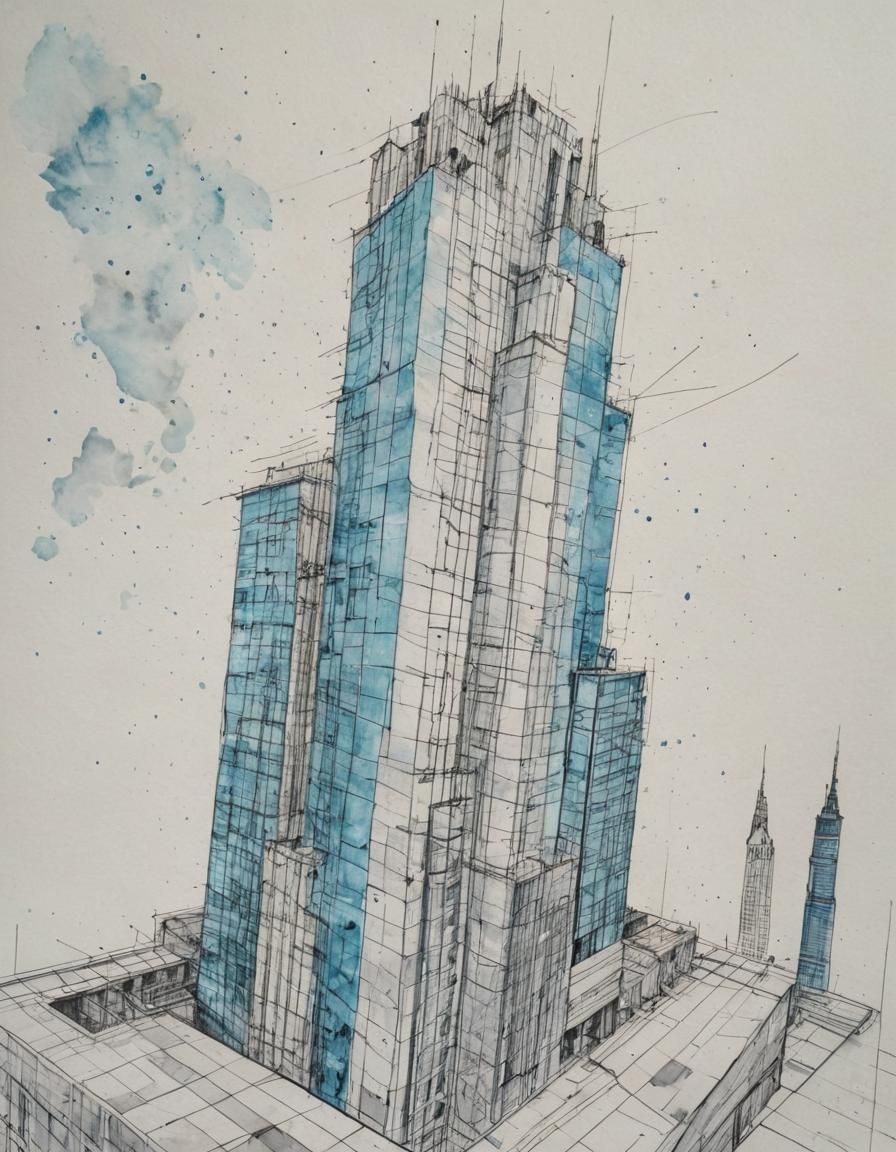 Isometric Skyscraper Technical Drawing with Ink and Watercol...