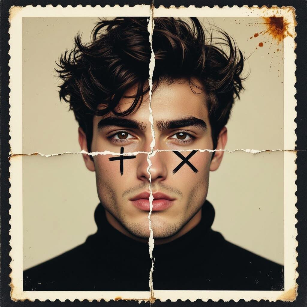 Ripped Polaroid Portrait of a Man with Scribbled Eyes