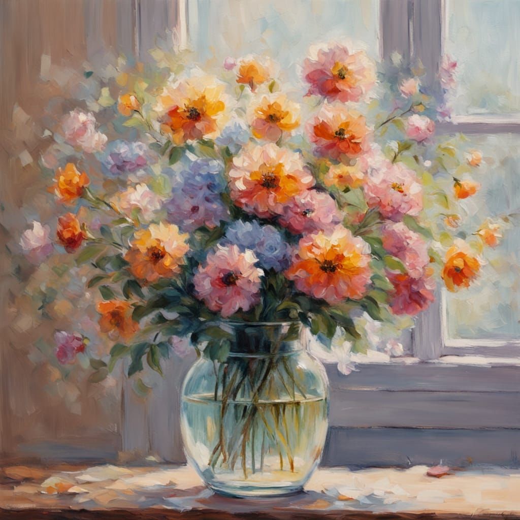 Vibrant Floral Still Life in Impressionist Oil Painting Styl...
