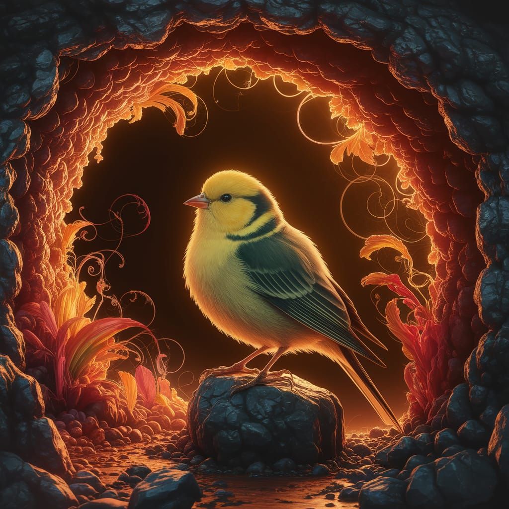 Canary in a Whimsical Coal Mine Setting