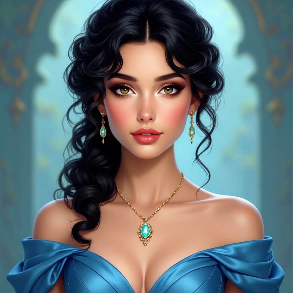 Gorgeous Woman in Blue Gown with Cameo Brooch