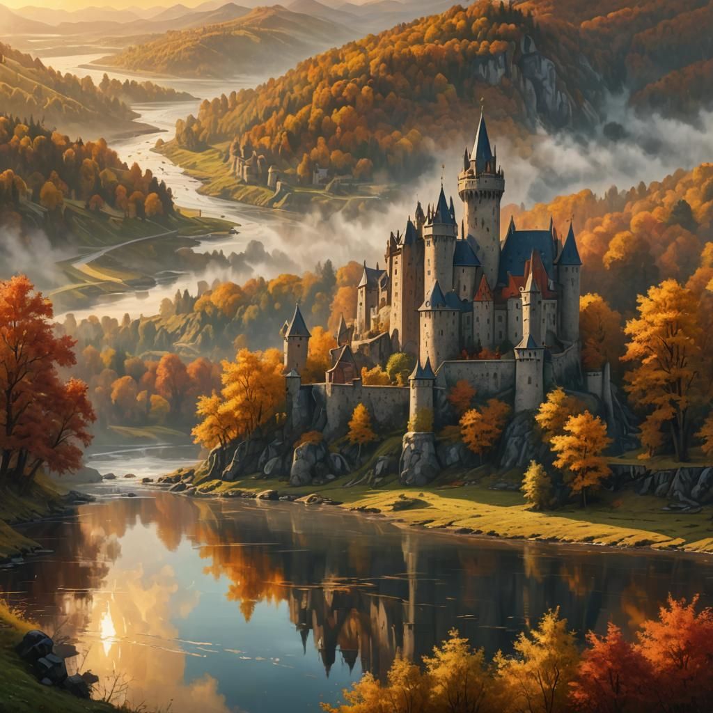 Medieval Castle by River in Oil Painting Style