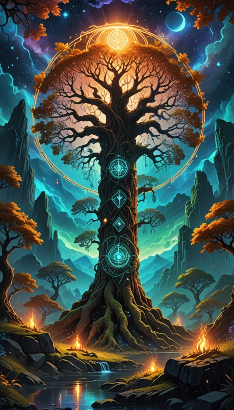 Mythical Roots Birth New Realm Under Cosmic Sky