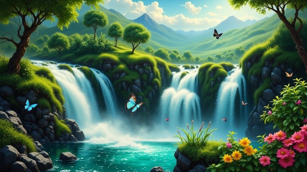 Fairytale Paradise Waterfall with Butterflies