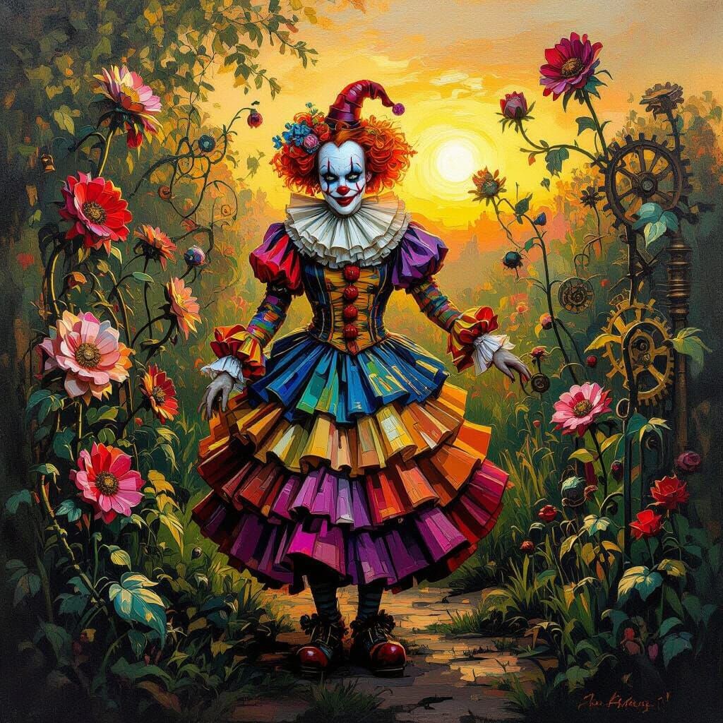 Creepy Gypsy Clown in Mechanical Garden