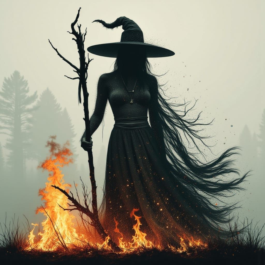 Witch Silhouette and Burning Stake Double Exposure