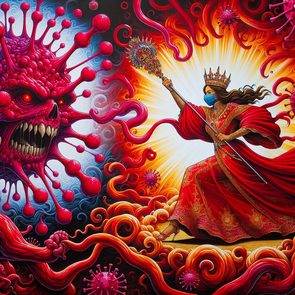 Royal Warrior Battles Viral Menace in Crimson Splendor