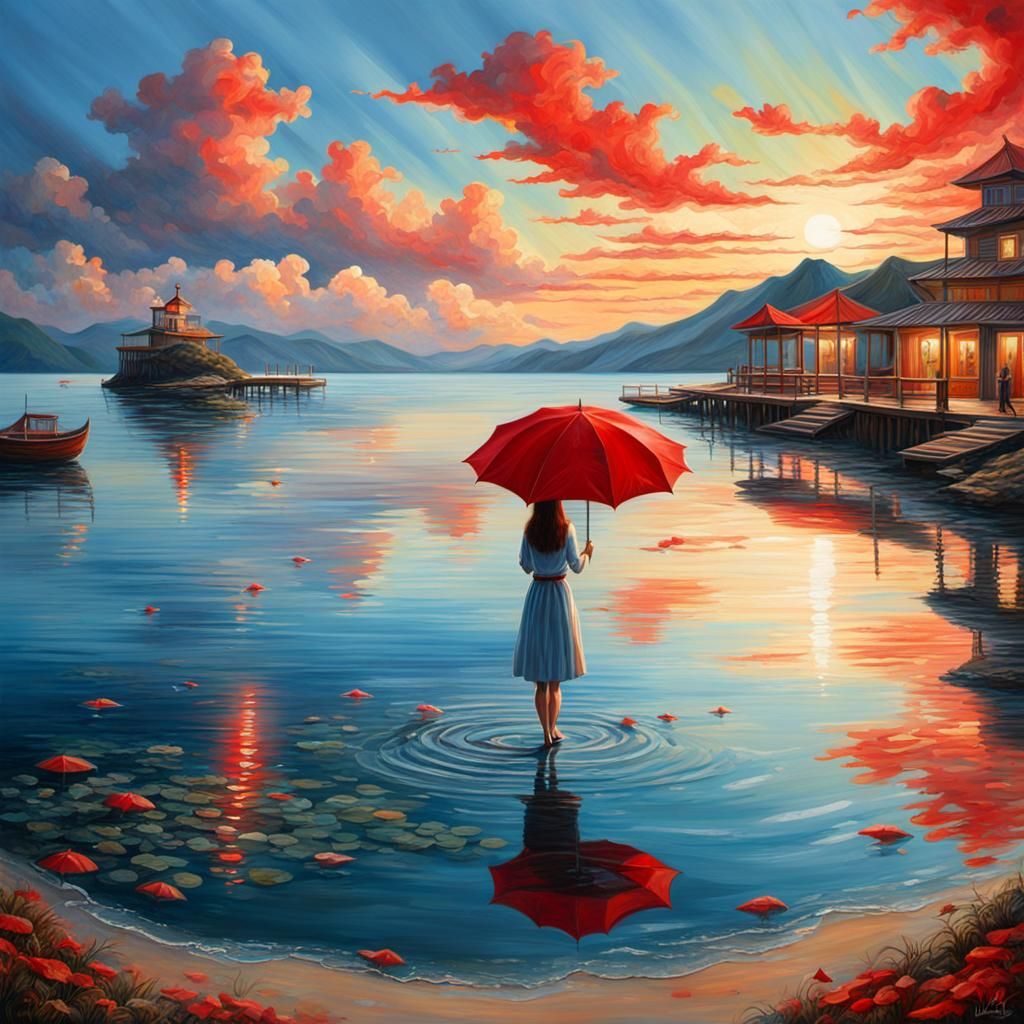 Hyperrealistic Bay at Dusk with Girl and Umbrella