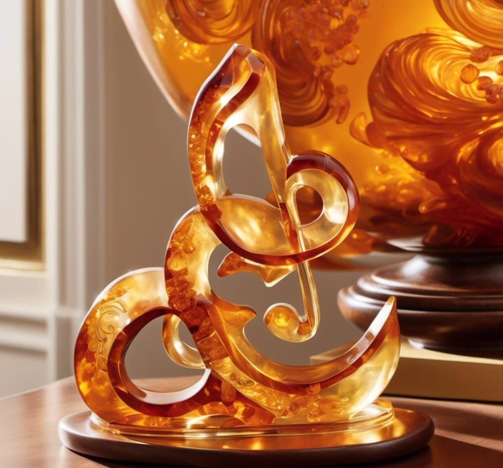 <lora:Amber Sculpture:1.0> Storybook illustration of a translucent golden amber sculpture of a music note 🎵
