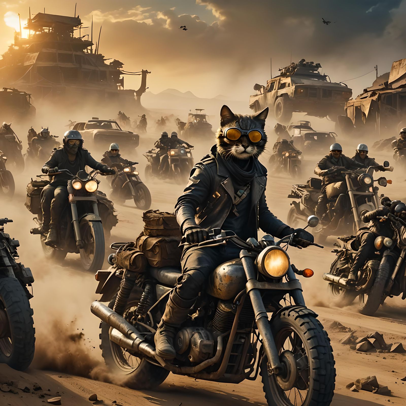 Mad Max Cat Rides Through Wasteland: Cinematic Still