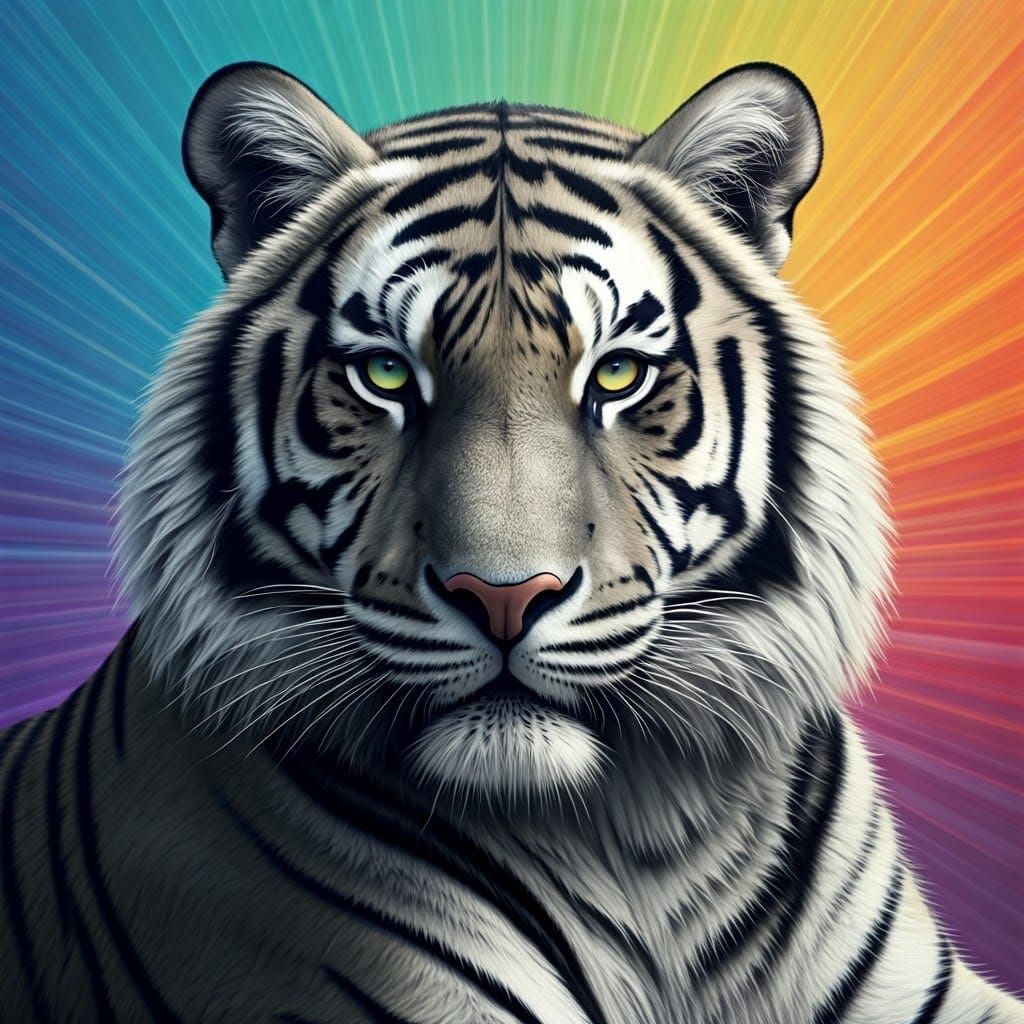 Majestic Tiger with Rainbow Background, Surreal Art