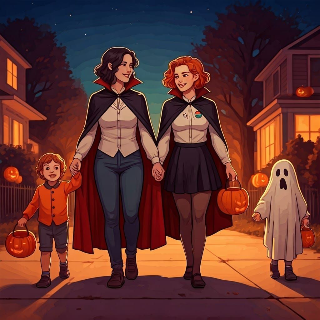 Lesbian Couple's Nostalgic Halloween Night with Kids