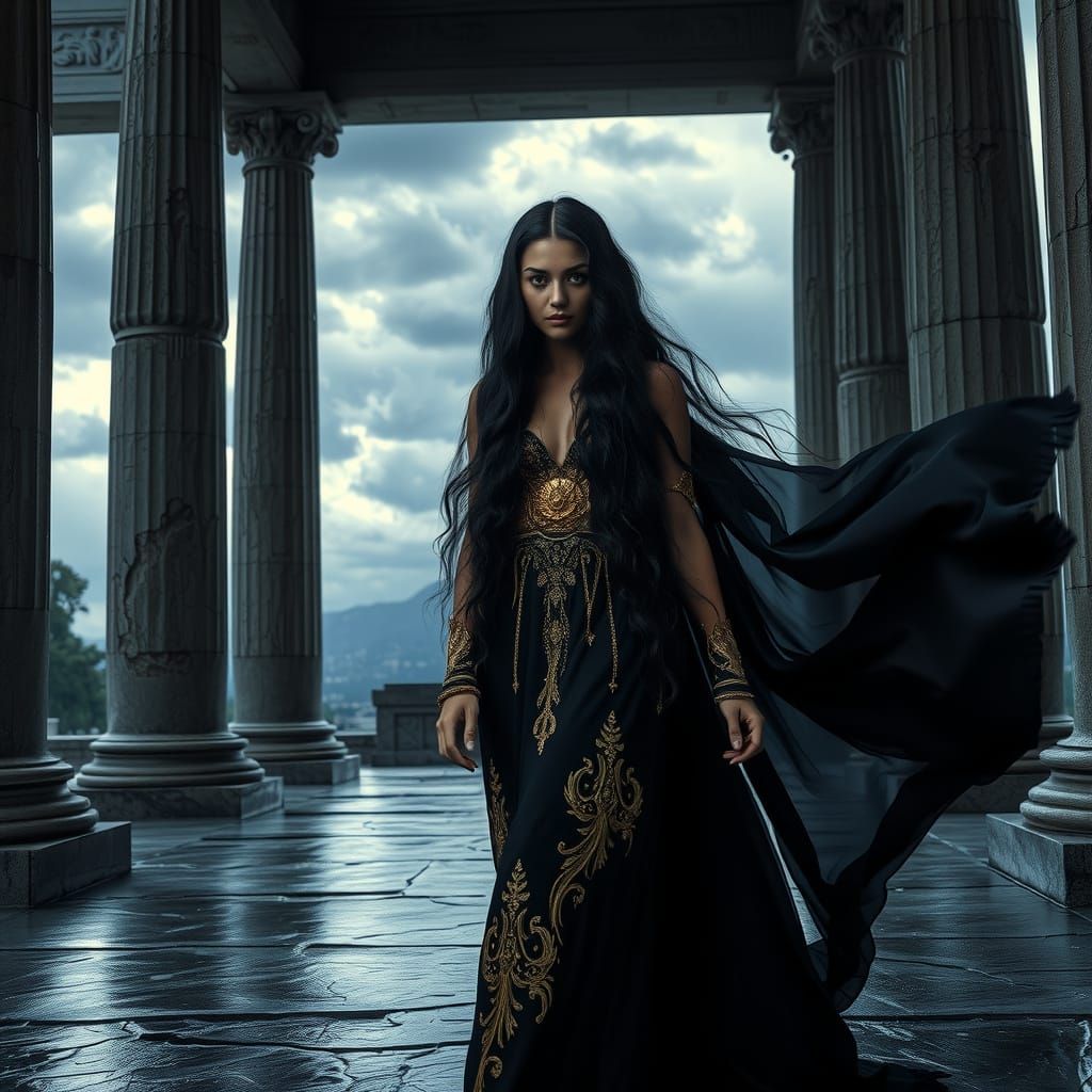 Ethereal Goddess Emerges from Ancient Shadows