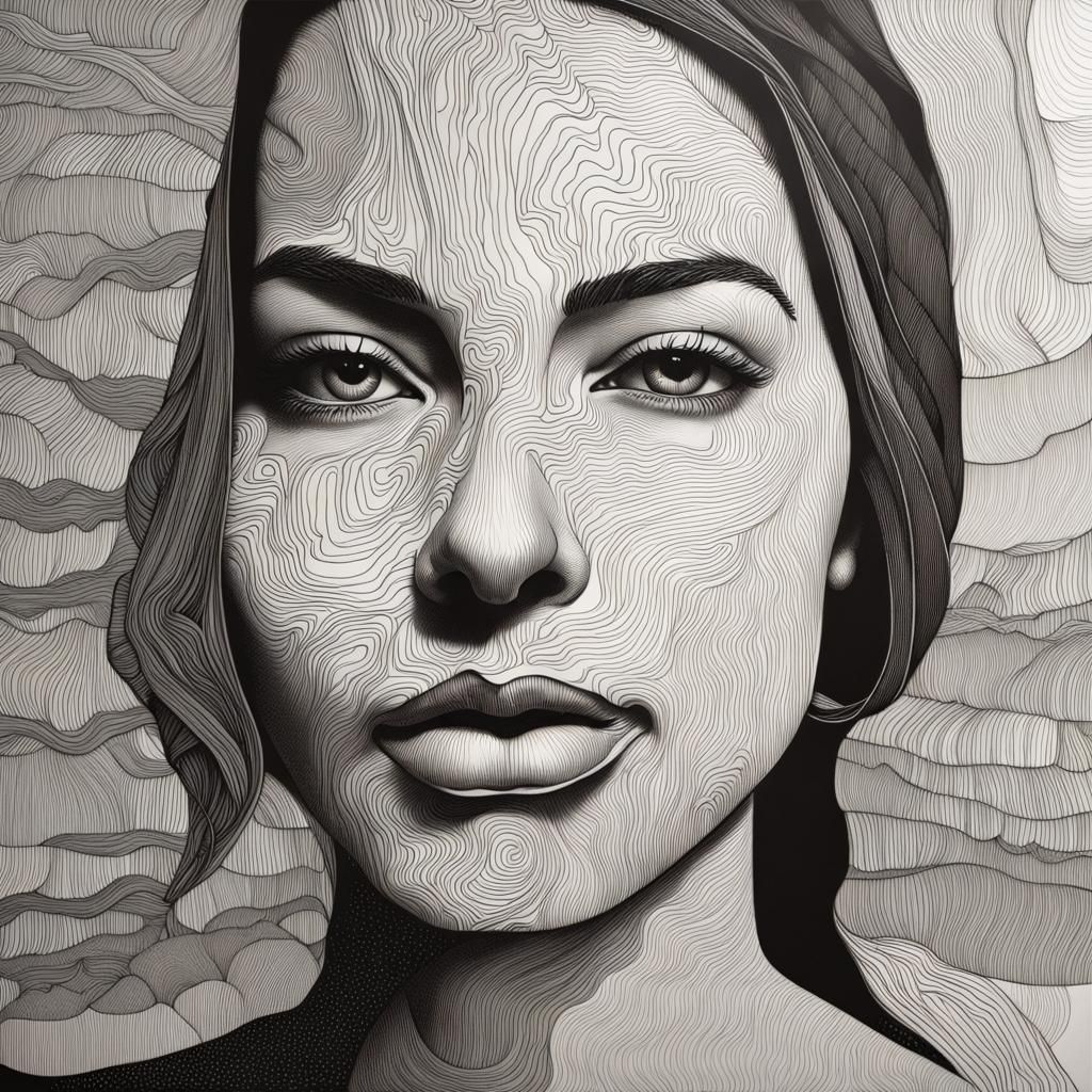 Detailed Topographical Line Art Portrait of Woman