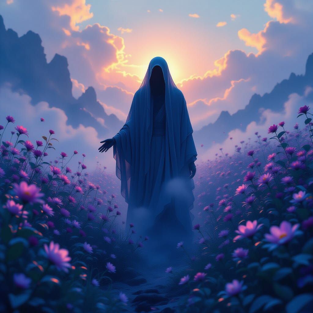 Ethereal Figure Amidst Iridescent Blooms: Dreamlike Matte Pa...