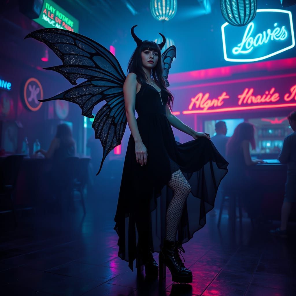Gothic Fairy with Glittery Wings in Dark Nightclub