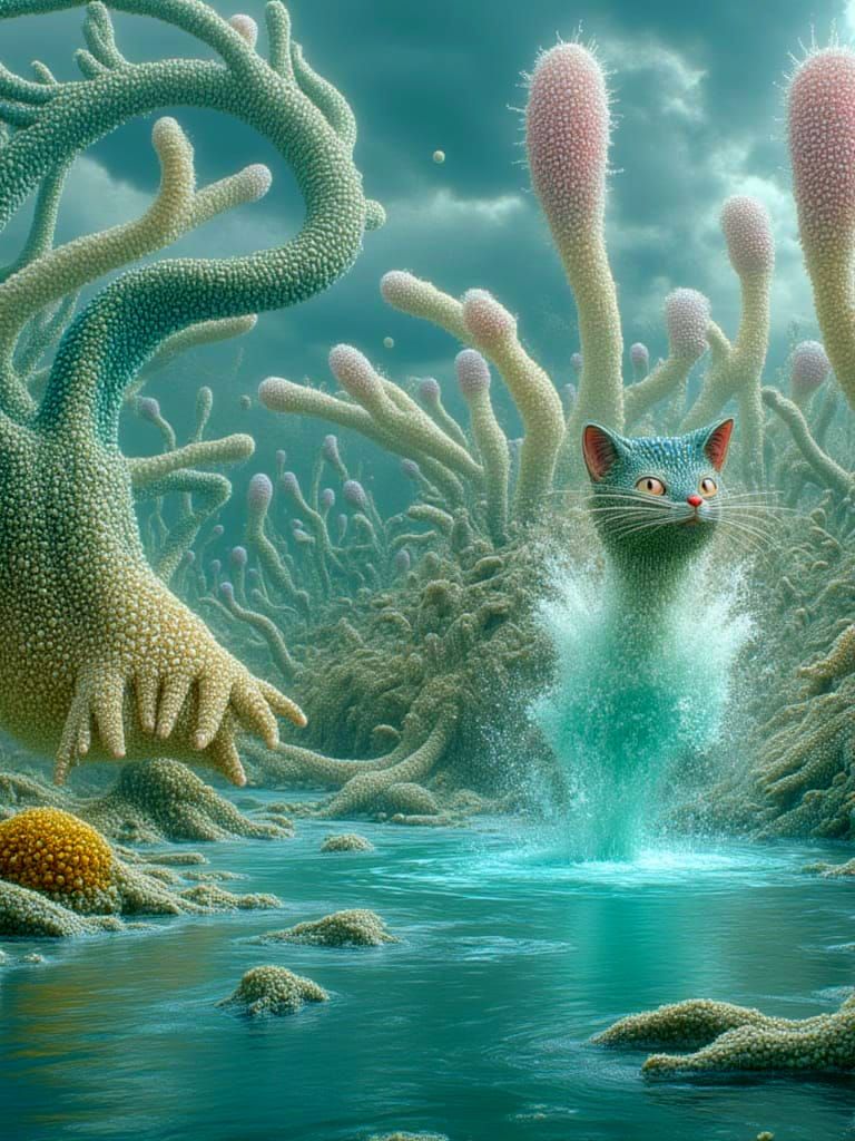 Cat and Lizard Race by Pond