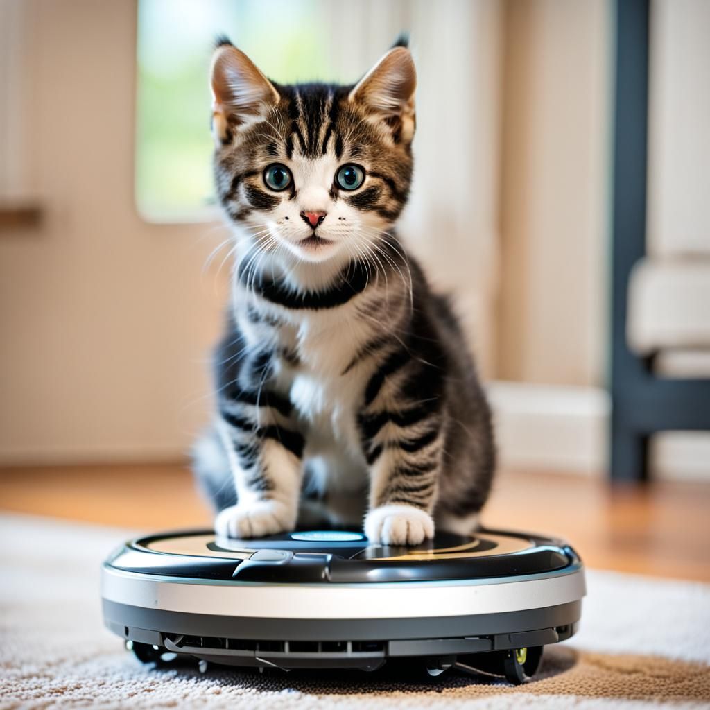 Kitten Rides a Roomba: Natural Light Photography