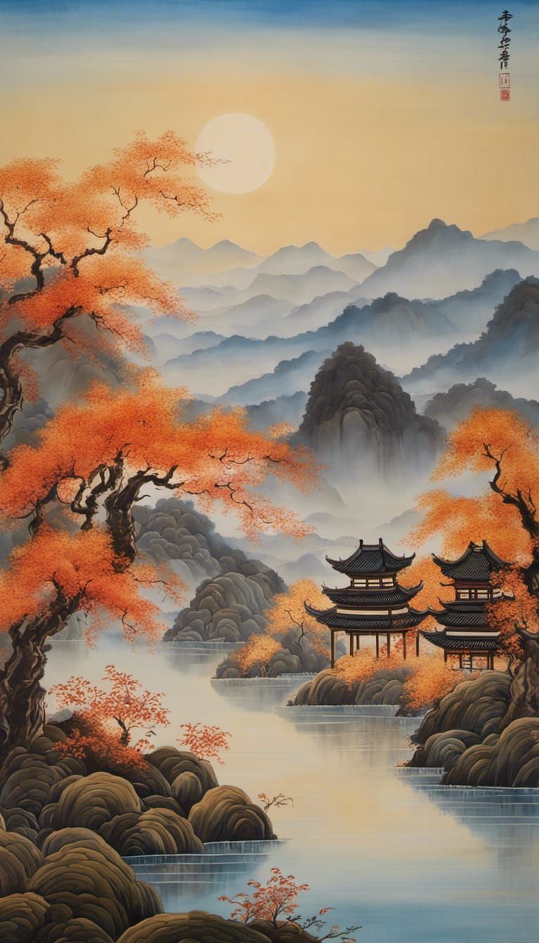 Harmonious Chinese Landscape Painting with Willow Trees