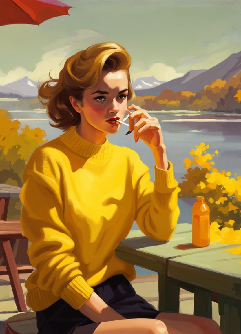 Pin-Up Style Woman on Lake House Patio