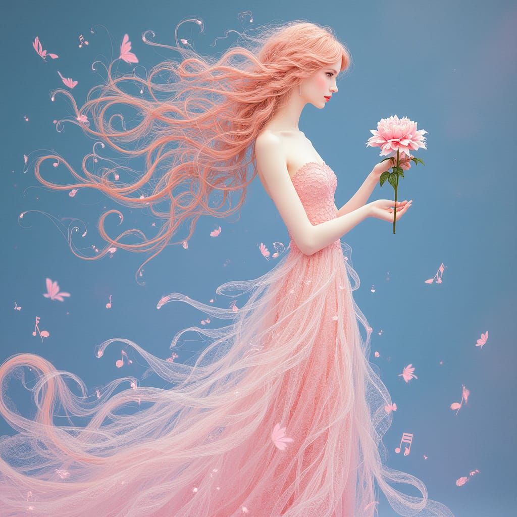 Ethereal Woman in Pastel Hues and Swirling Sound Waves