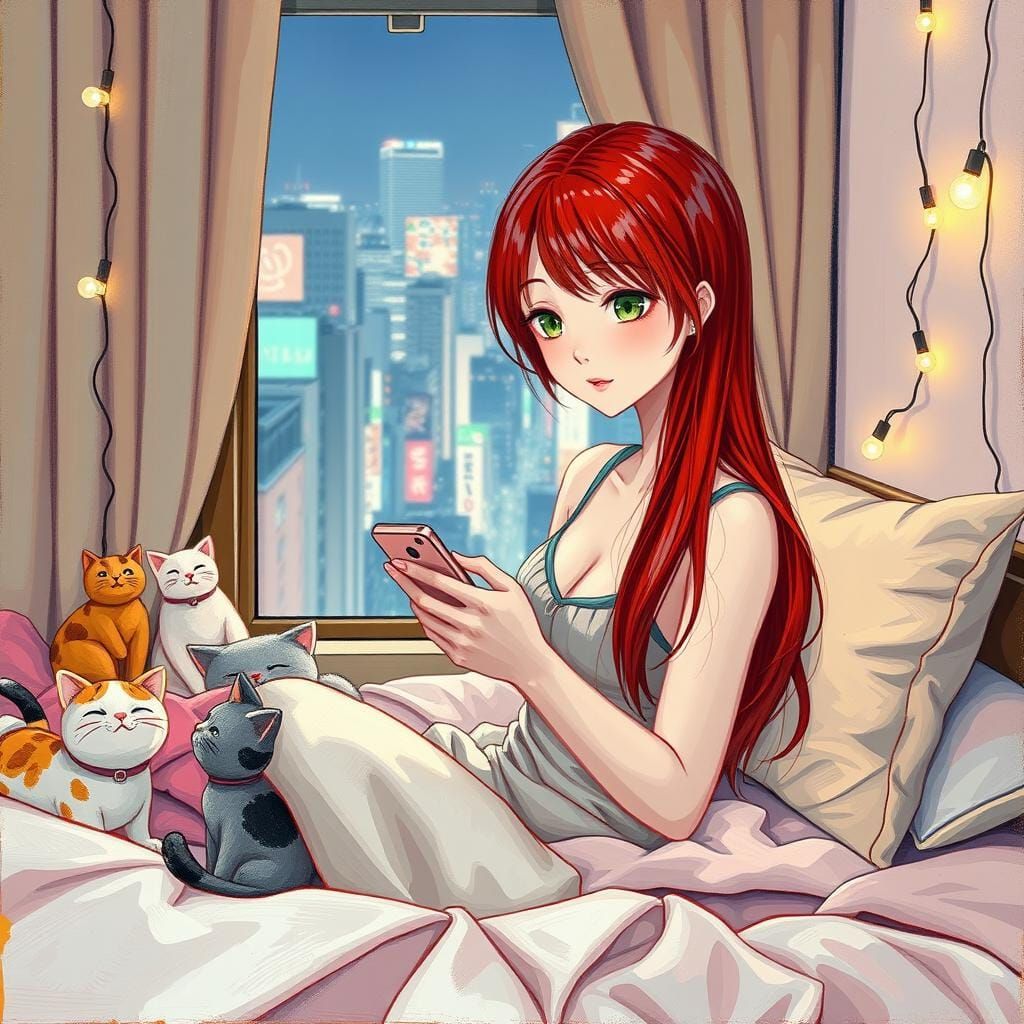 Cute Japanese Woman in Bed: Impasto Painting