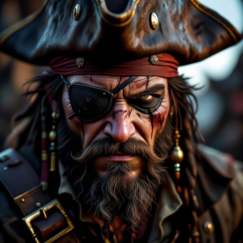 Menacing One-Eyed Pirate Portrait with Digital Distortion