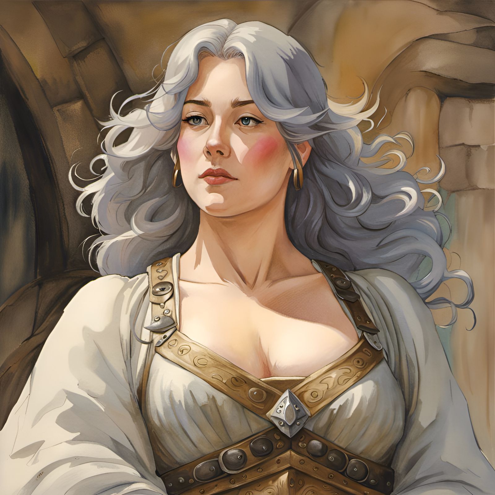 Armored Woman in Medieval Fantasy, Ghibli Watercolor Style