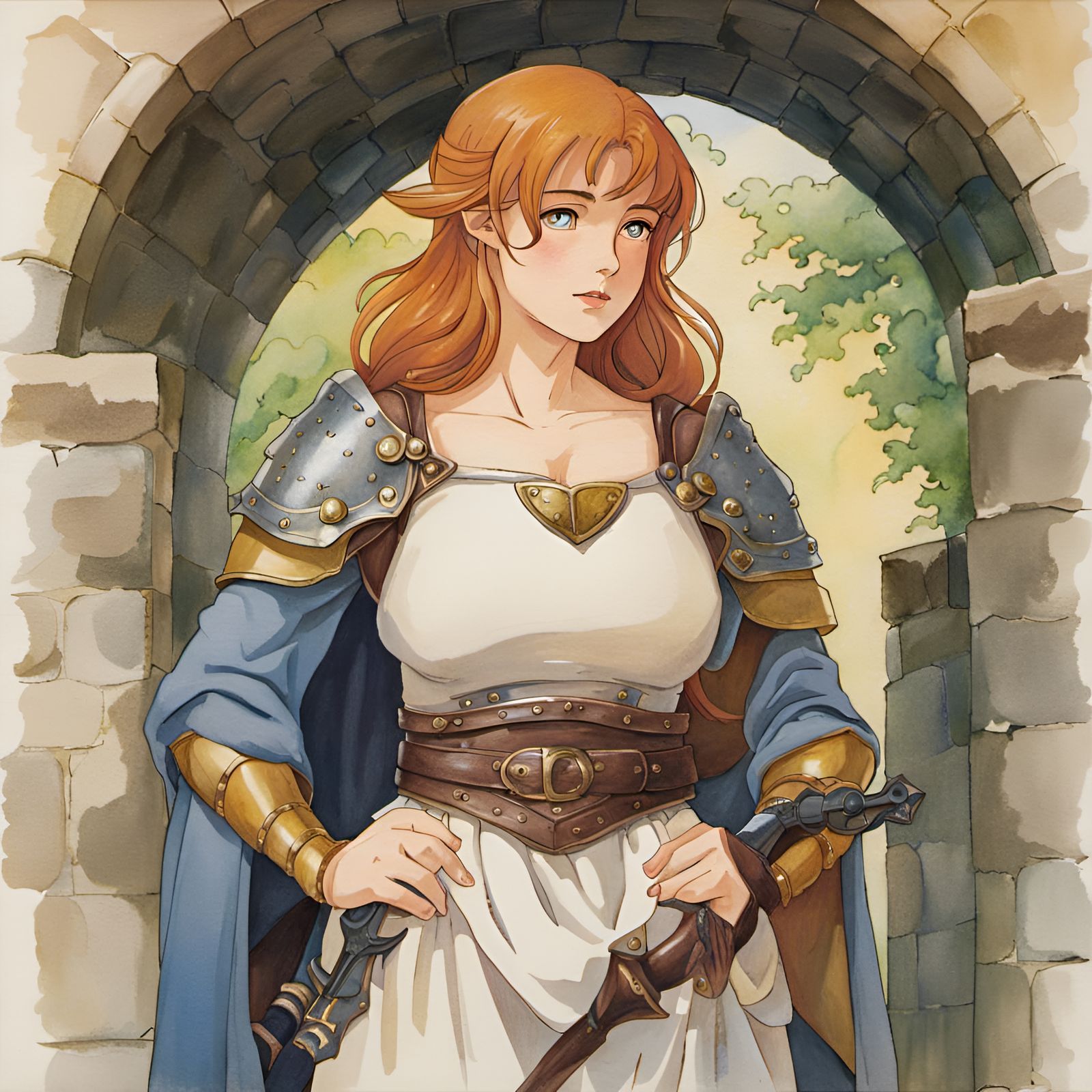 Armored Woman in Medieval Fantasy, Ghibli Style