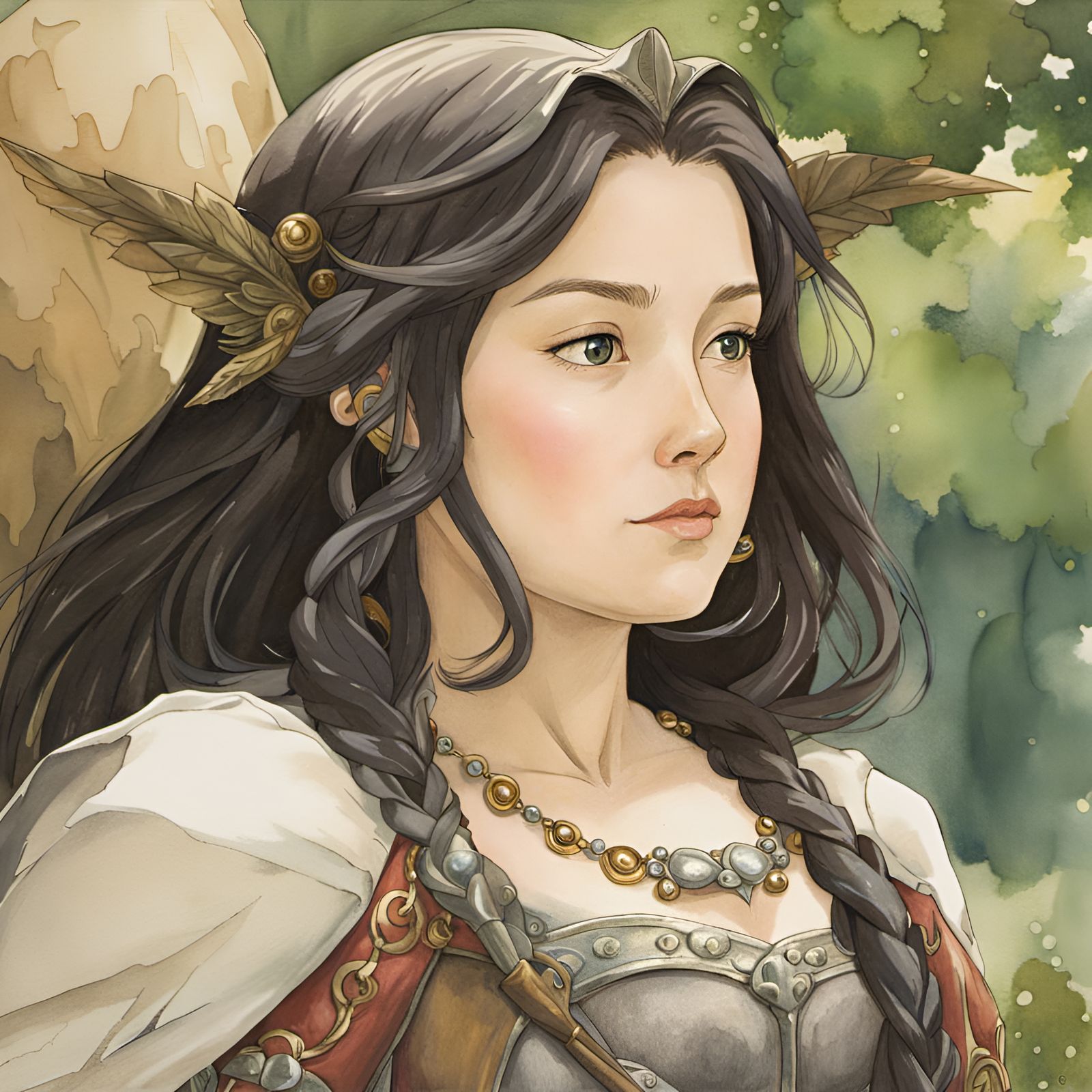 Armored Woman in Medieval Fantasy: Watercolor Painting