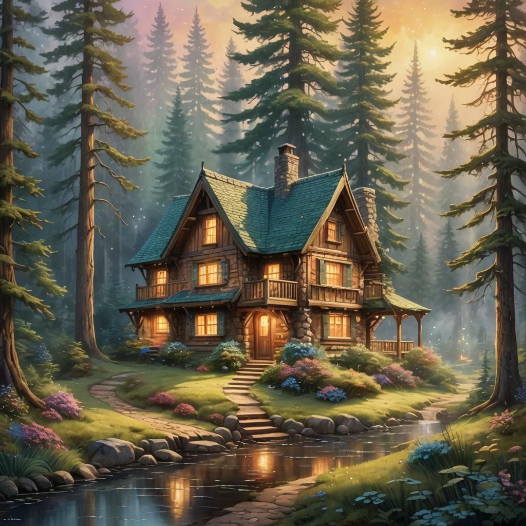 Whimsical Cottage in Dew-Kissed Pine Forest
