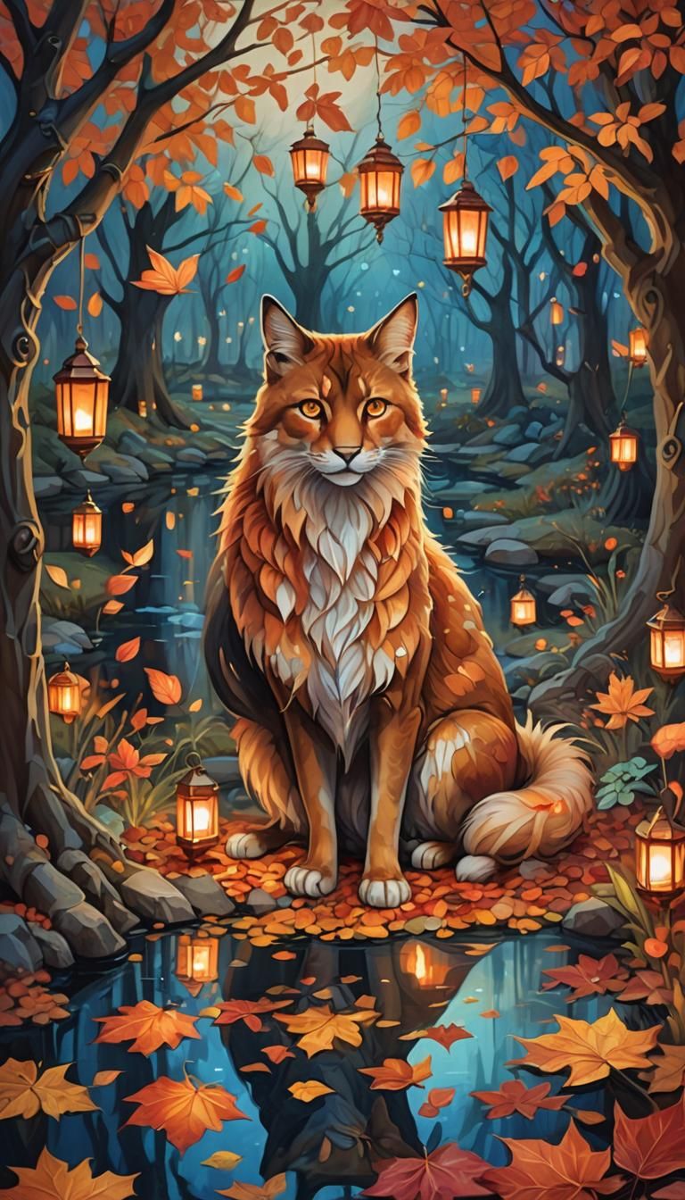 A mystical autumn garden at twilight with glowing lanterns hanging from trees adorned with red, gold and orange leaves. ...