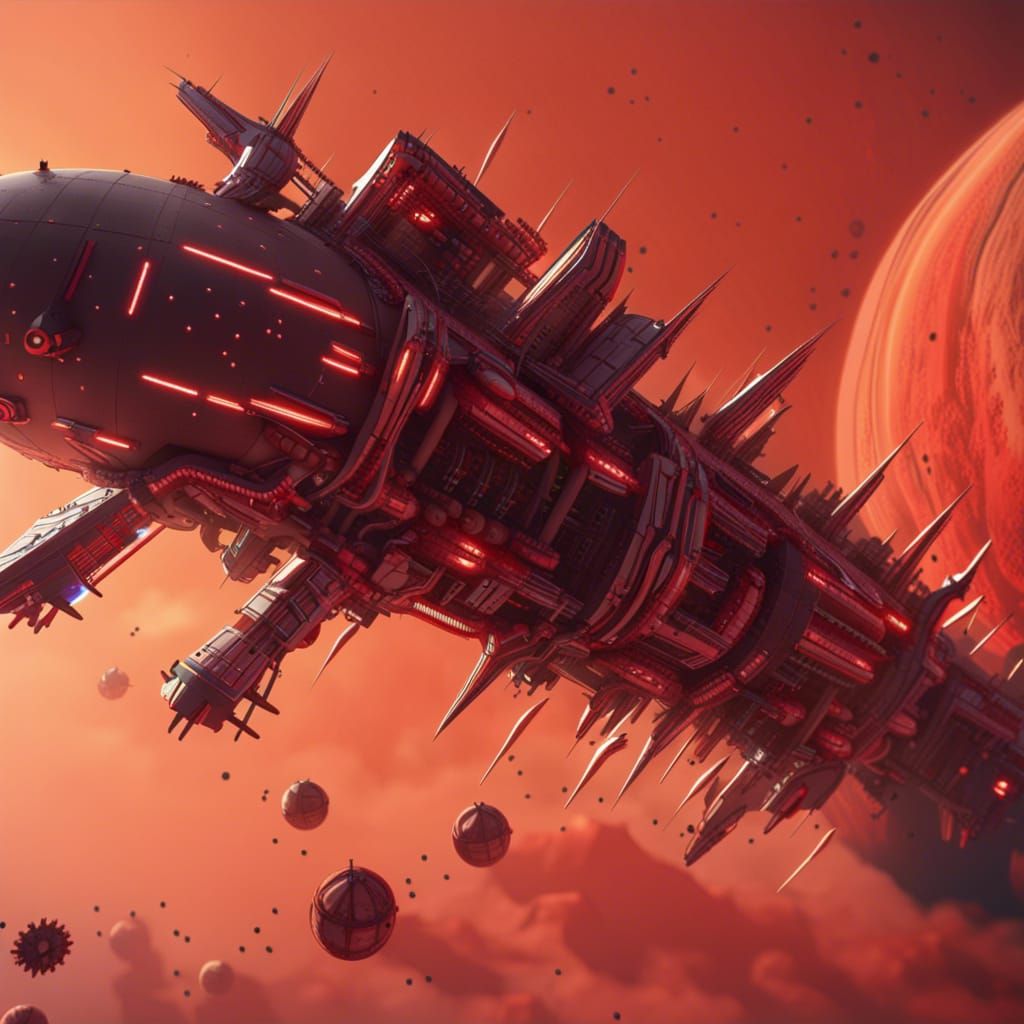 Futuristic Space Station Orbiting Red Planet in Detailed Mat...