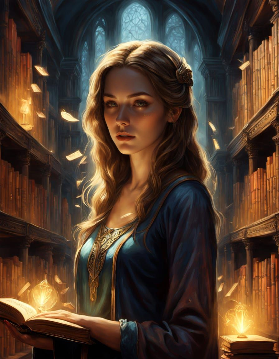 Arcane Librarian in Ancient Library with Floating Books