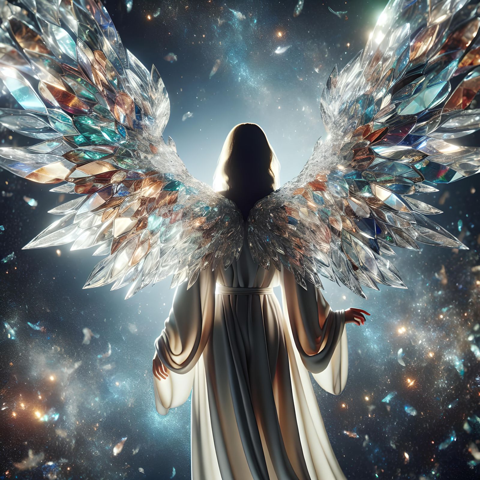 Kaleidoscopic Glass-Winged Angel in Ethereal Light